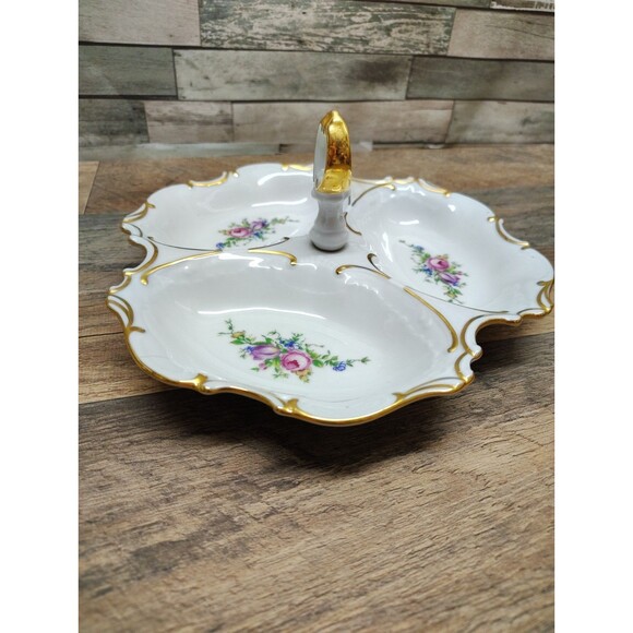 Pirken Hammer Original Porcelain Serving Dish Divided Candy Plate Handled Floral - Picture 3 of 6